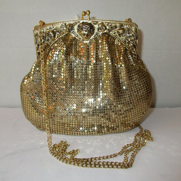 RARE Vintage 1930s Whiting & Davis Figural Face Flower Frame Gold Mesh Purse Bag - Picture 2 of 12